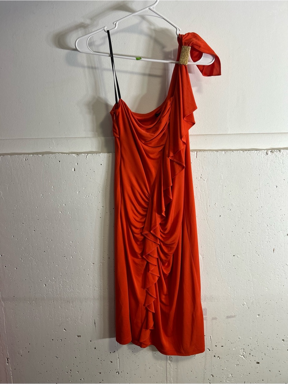 David Meister One-Shoulder Orange Red Ruffle Dress